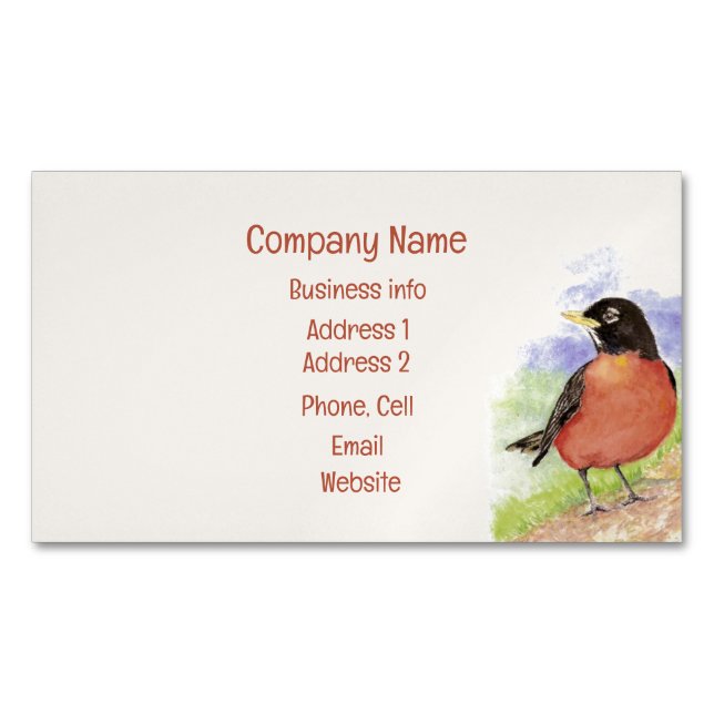 Watercolor American Robin Garden Bird art Magnetic Business Card (Front)