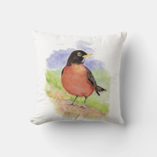 Watercolor American Robin Garden Bird Throw Pillow