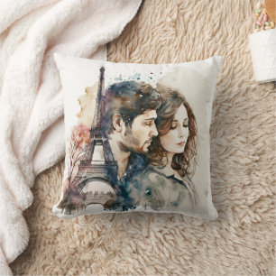 Watercolor Amour in Paris Throw Pillow