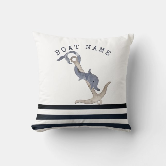 Watercolor Anchor Dolphin Navy Blue Striped   Throw Pillow (Front)