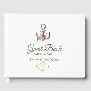 Watercolor Anchor Flowers Nautical Guest Book