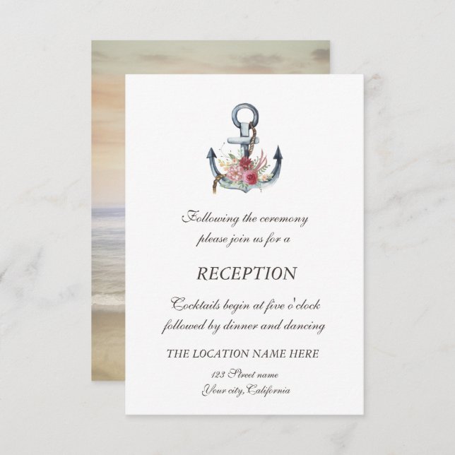 Watercolor Anchor Flowers Nautical Reception  Invitation (Front/Back)