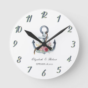 Watercolor Anchor Flowers Nautical   Round Clock