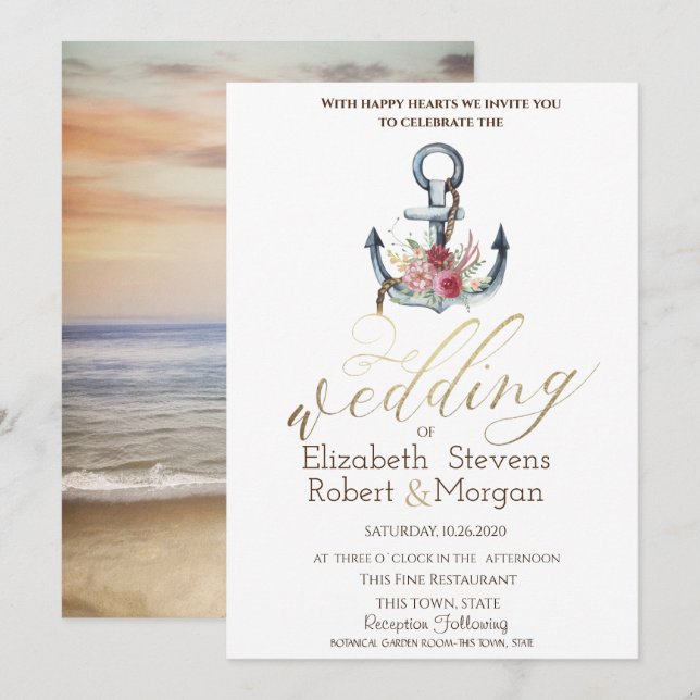 Watercolor Anchor Flowers Nautical Wedding   Invitation (Front/Back)