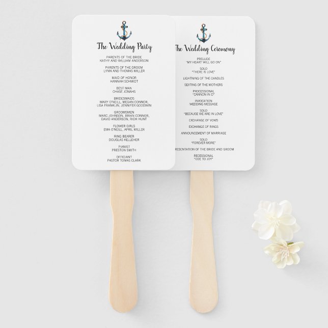 Watercolor Anchor Modern Nautical Program Hand Fan (Front and Back)