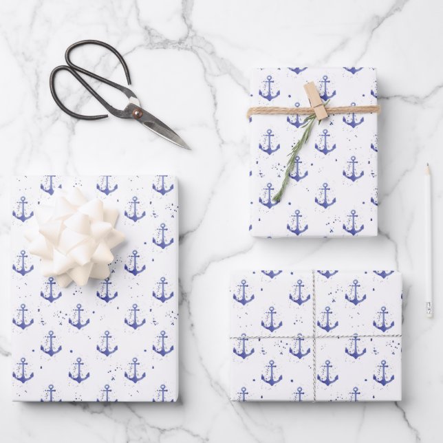 Watercolor Anchor Pattern Wrapping Paper Sheet (Front)