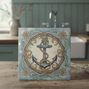 Watercolor Anchor, Rope & Compass Rose ID1203 Tile