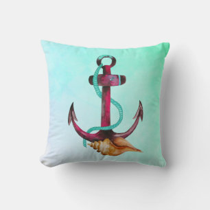 Watercolor Anchor With Seashell in Pink & Green Throw Pillow