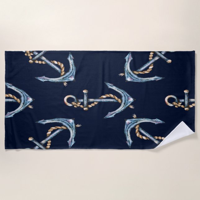 Watercolor Anchors Navy Blue   Beach Towel (Front)