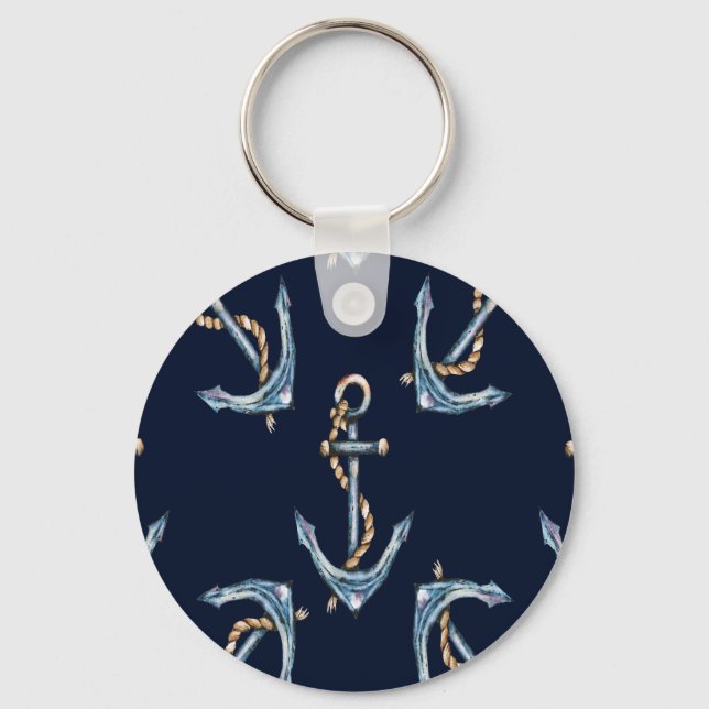 Watercolor Anchors Navy Blue  Keychain (Front)