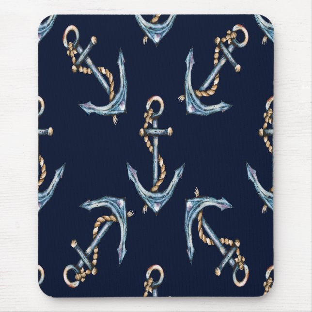 Watercolor Anchors Navy Blue  Mouse Pad (Front)