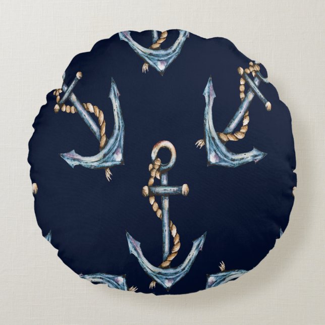 Watercolor Anchors Navy Blue Round Pillow (Front)
