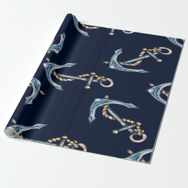 Watercolor Anchors Navy Blue    Wrapping Paper (Unrolled)