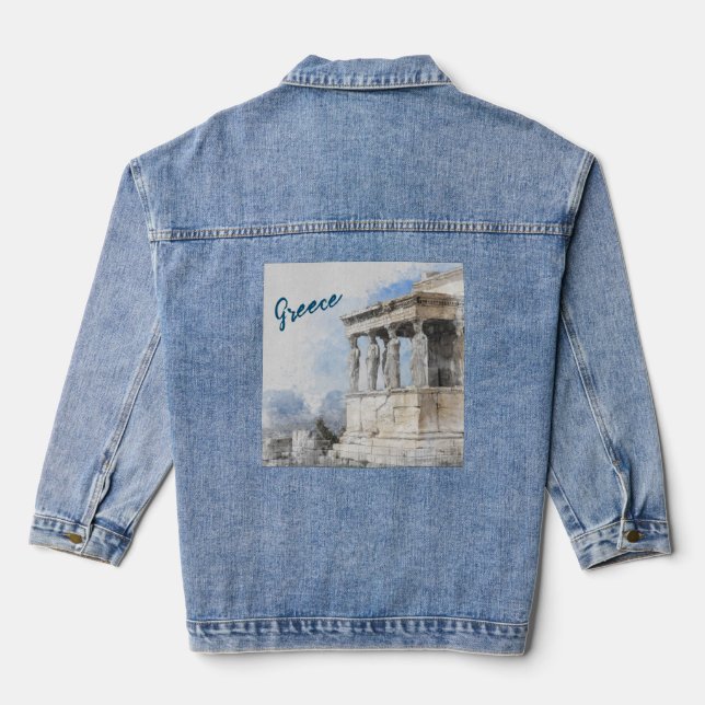 Watercolor Ancient Sites Ruins in Athens Greece  Denim Jacket (Back)