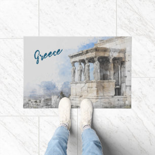 Watercolor Ancient Sites ruins in Athens, Greece Doormat