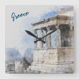 Watercolor Ancient Sites ruins in Athens, Greece Square Wall Clock