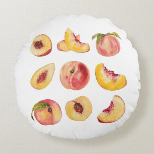  Watercolor And Colourful Fresh Peach Slices, Round Pillow