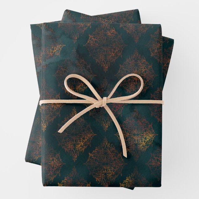 Watercolor and Copper Patina Damask Pattern  Wrapping Paper Sheet (In situ)