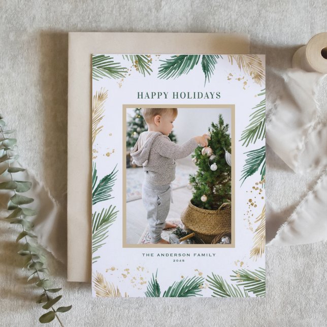 Watercolor and Faux Foil Pine Needles Photo Holiday Card (Watercolor and Faux Foil Pine Needles Photo Happy Holidays Card)