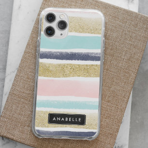 Watercolor and Faux Glitter Stripes iPhone 15 Plus Case