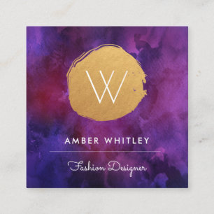 Watercolor and Faux Gold Foil Circle Deep Purple Square Business Card