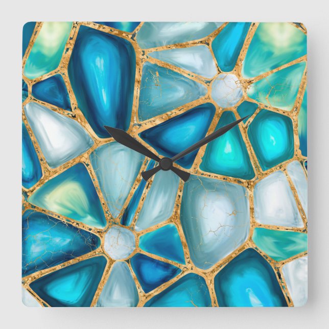 Watercolor and gold cells - ocean square wall clock (Front)
