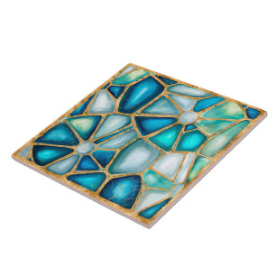 Watercolor and gold cells - ocean tile