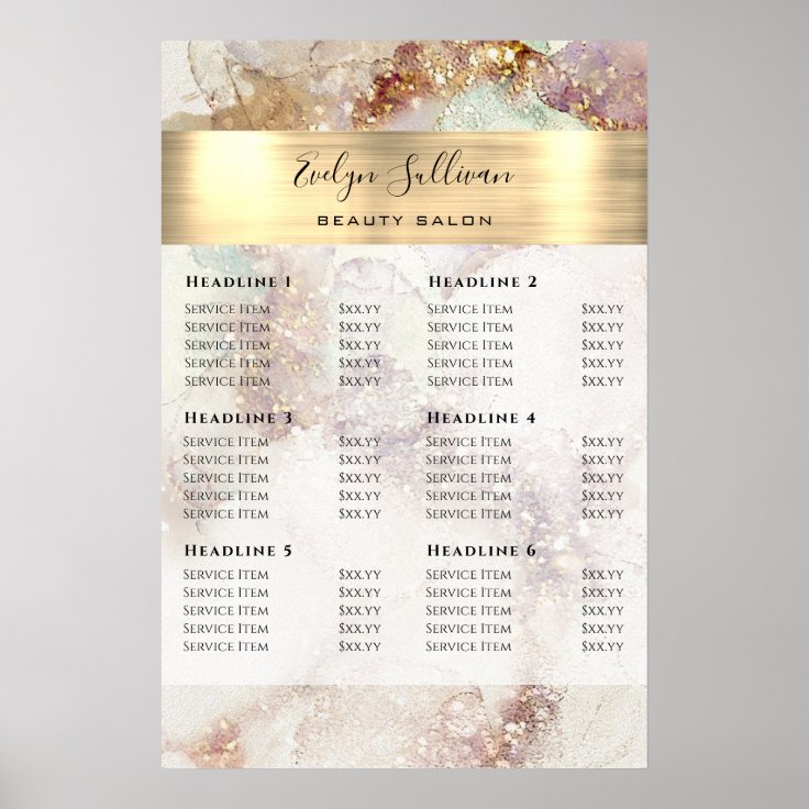 Watercolor and Gold Foil Price List Poster Zazzle