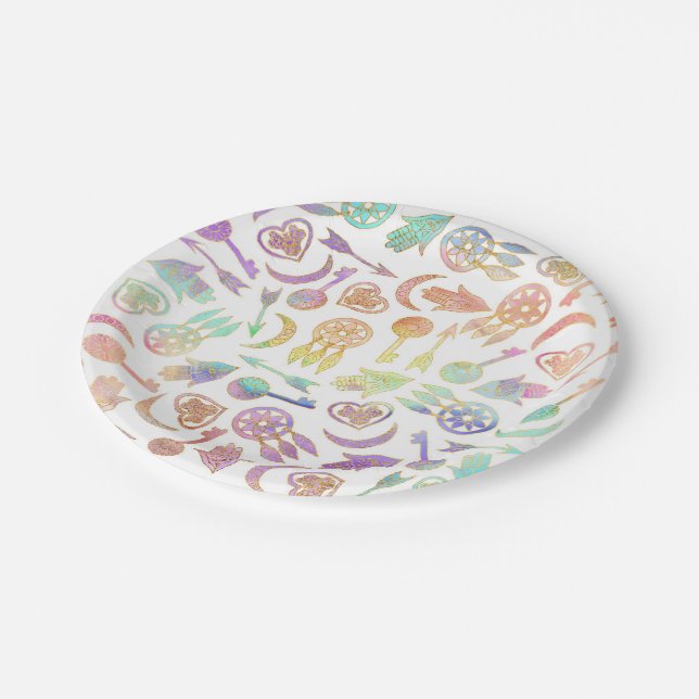 Watercolor and Gold Popular Symbols on White Paper Plate (Angled)