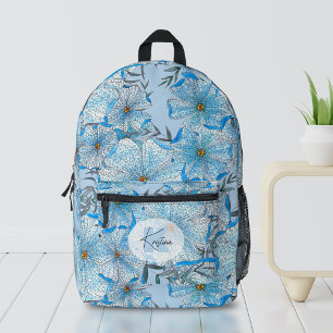 Watercolor and Ink Bohemian Blue Flowers Printed Backpack
