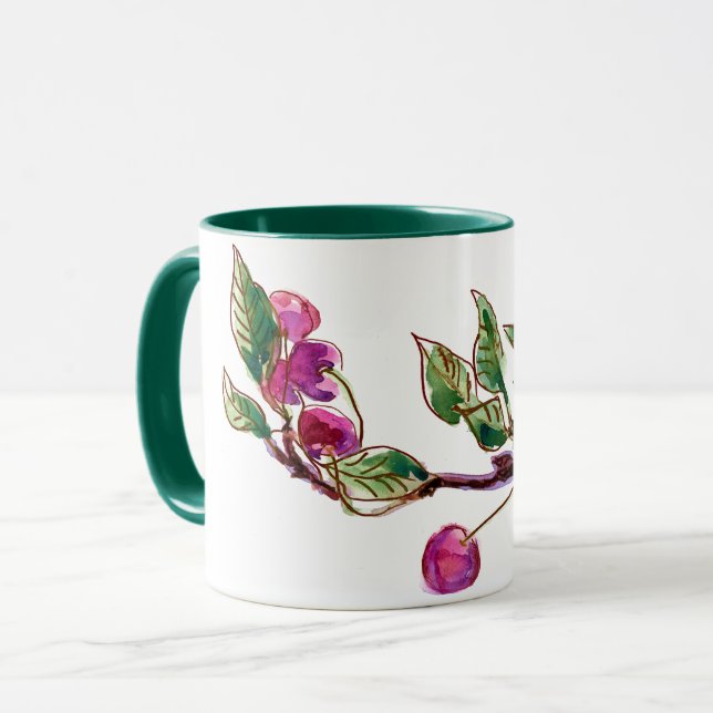 Watercolor and Ink Drawing Cherry Branch art Mug (Front Left)