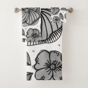 Watercolor and ink flowers – black and white bath towel set