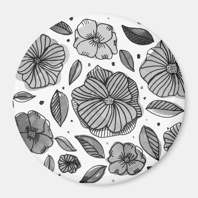 Watercolor and ink flowers – black and white magnet (Front)