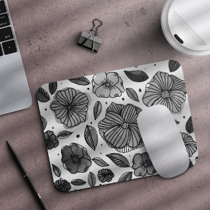 Watercolor and ink flowers – black and white mouse pad