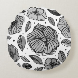 Watercolor and ink flowers – black and white round pillow