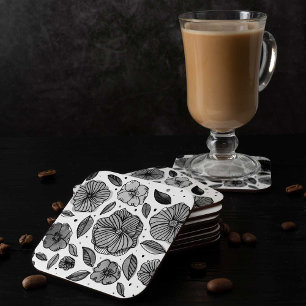 Watercolor and ink flowers – black and white square paper coaster