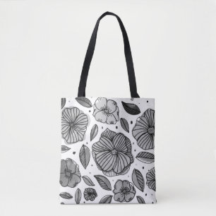 Watercolor and ink flowers – black and white tote bag