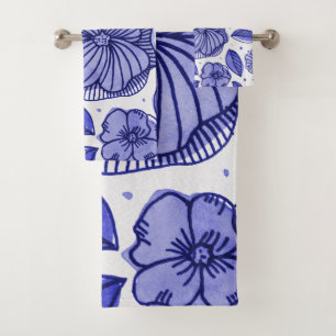 Watercolor and ink flowers – blue palette bath towel set