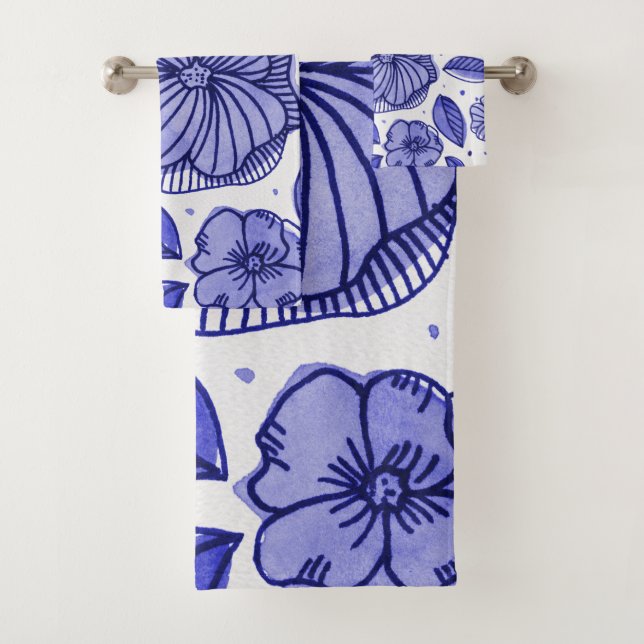 Watercolor and ink flowers – blue palette bath towel set (Insitu)