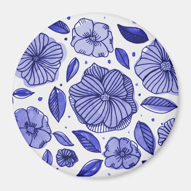 Watercolor and ink flowers – blue palette magnet (Front)