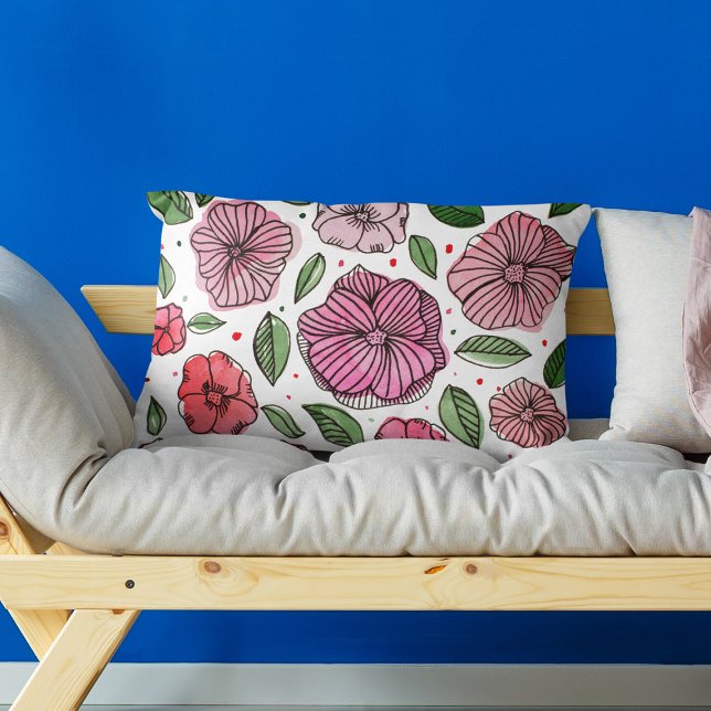 Watercolor and ink flowers – pink and green accent pillow (Creator Uploaded)