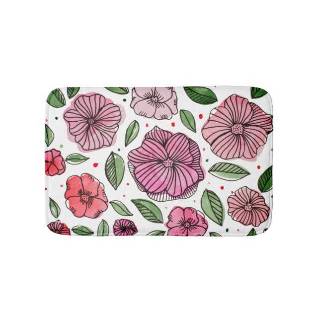 Watercolor and ink flowers – pink and green bath mat (Front)