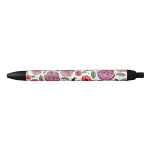 Watercolor and ink flowers – pink and green black ink pen
