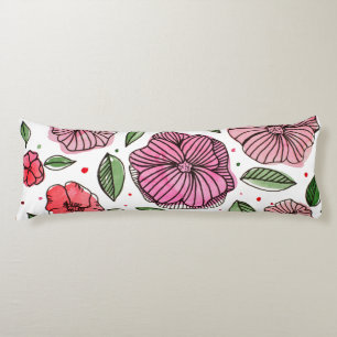 Watercolor and ink flowers – pink and green body pillow
