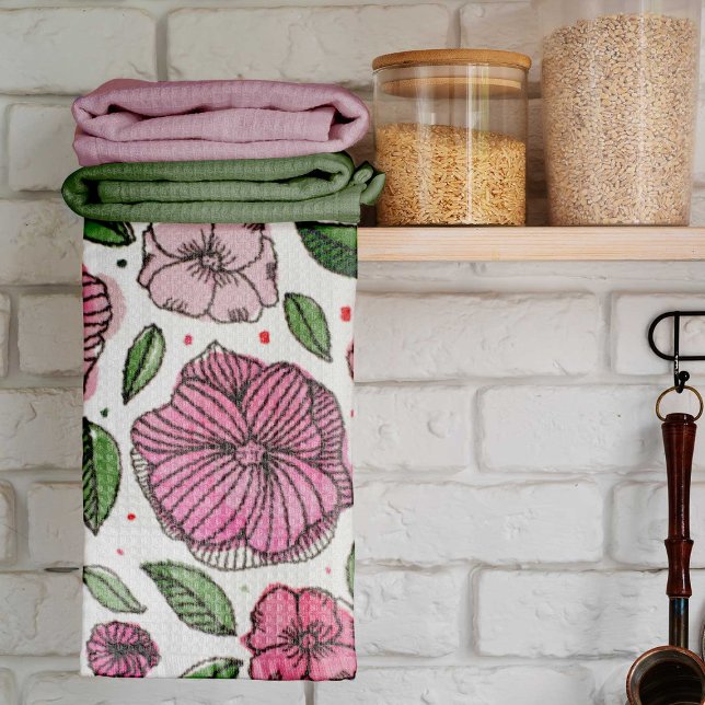 Watercolor and ink flowers – pink and green kitchen towel (Creator Uploaded)