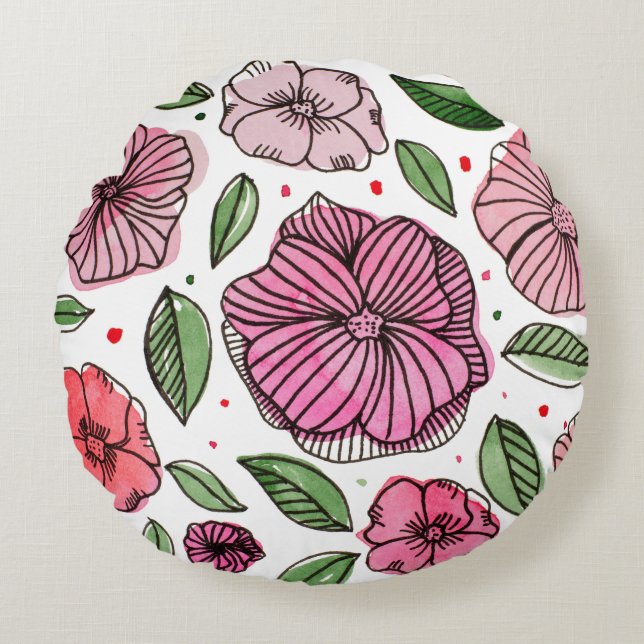 Watercolor and ink flowers – pink and green round pillow (Front)