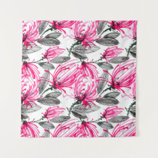 Watercolor and ink illustration of red flower with tapestry