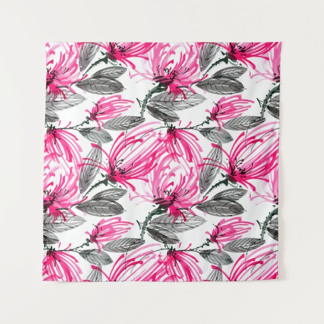 Watercolor and ink illustration of red flower with tapestry (Front)