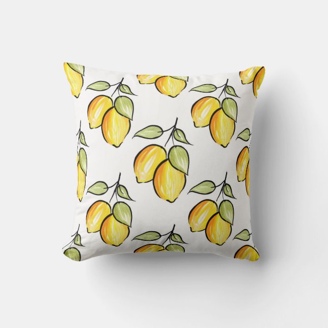 Watercolor and Ink Lemons Pattern Throw Pillow (Front)