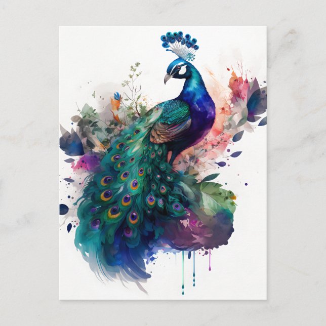 Watercolor and Ink Peacock Postcard (Front)